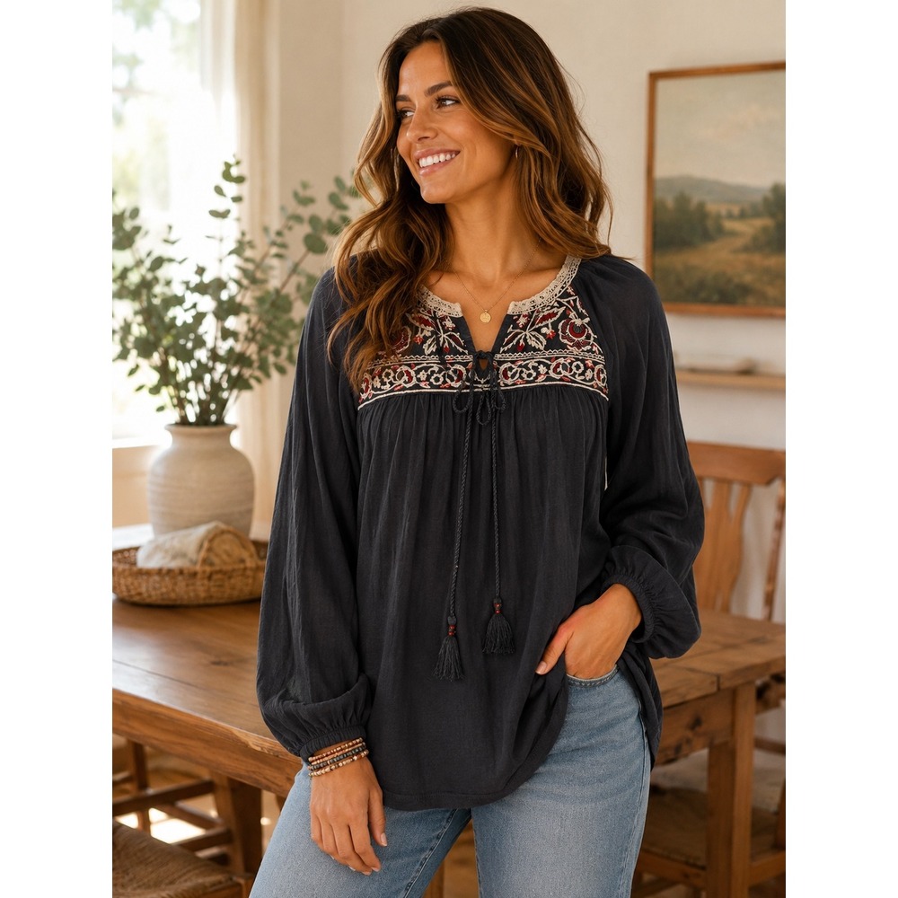 One September Anthropologie Gray Embroidered Sequin‎ Tassel Peasant Blouse Small